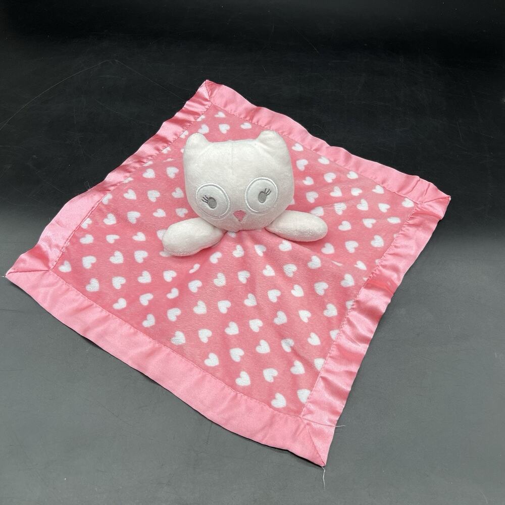 Cuddle Time Pink Owl Lovey Security Blanket Heart Print Satin Like Bottom